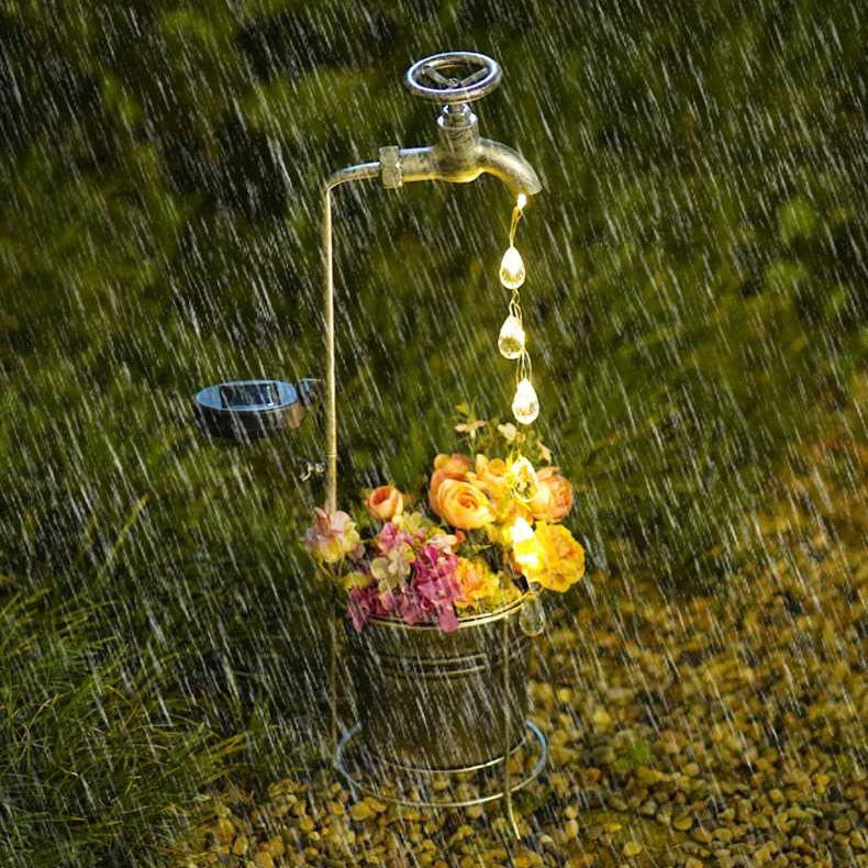 Modern Art Deco Solar Faucet Water Drops Flowing Water Planter Shape Iron LED Outdoor Light For Garden | Bowlift