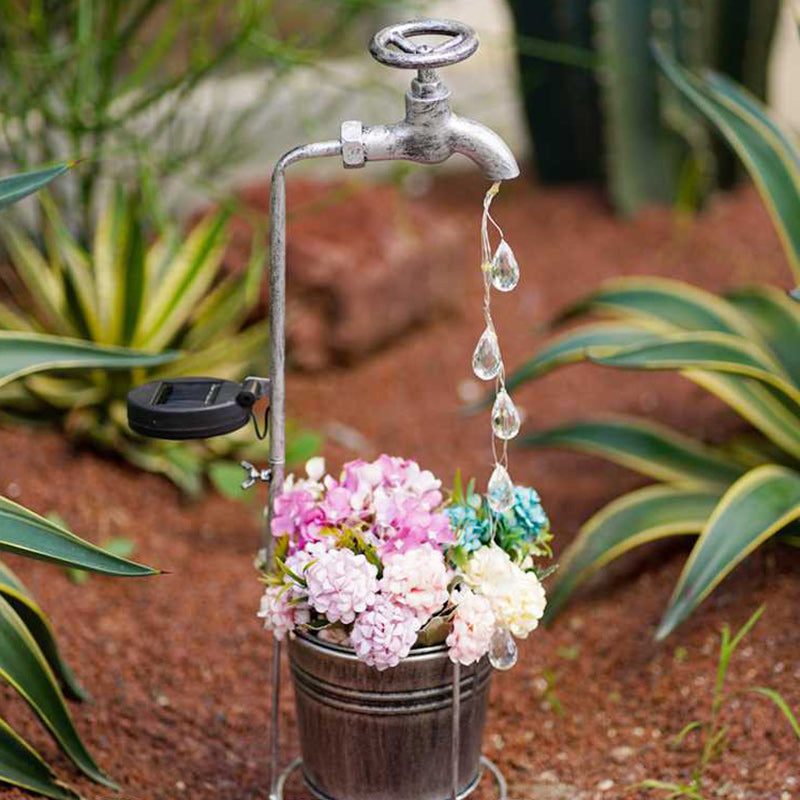Modern Art Deco Solar Faucet Water Drops Flowing Water Planter Shape Iron LED Outdoor Light For Garden | Bowlift