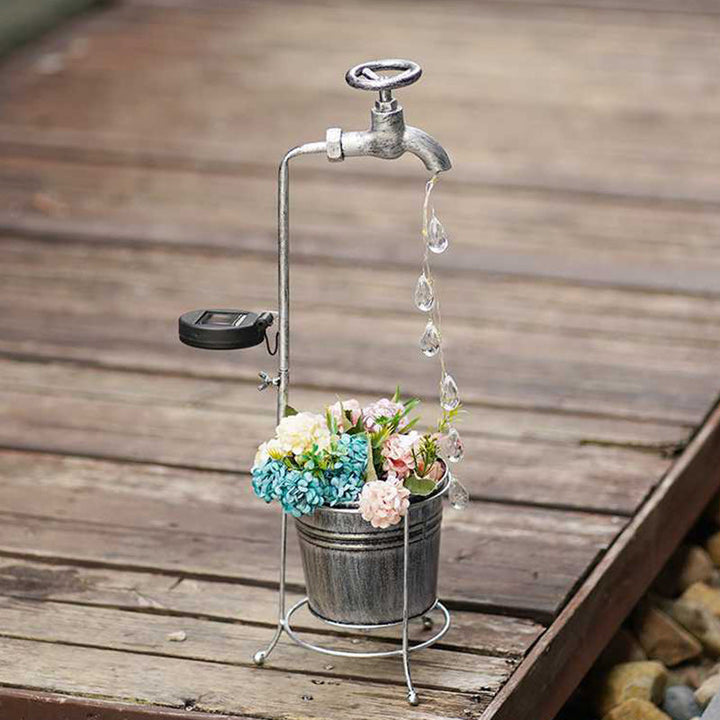 Modern Art Deco Solar Faucet Water Drops Flowing Water Planter Shape Iron LED Outdoor Light For Garden | Bowlift