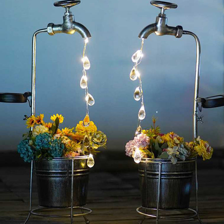 Modern Art Deco Solar Faucet Water Drops Flowing Water Planter Shape Iron LED Outdoor Light For Garden | Bowlift
