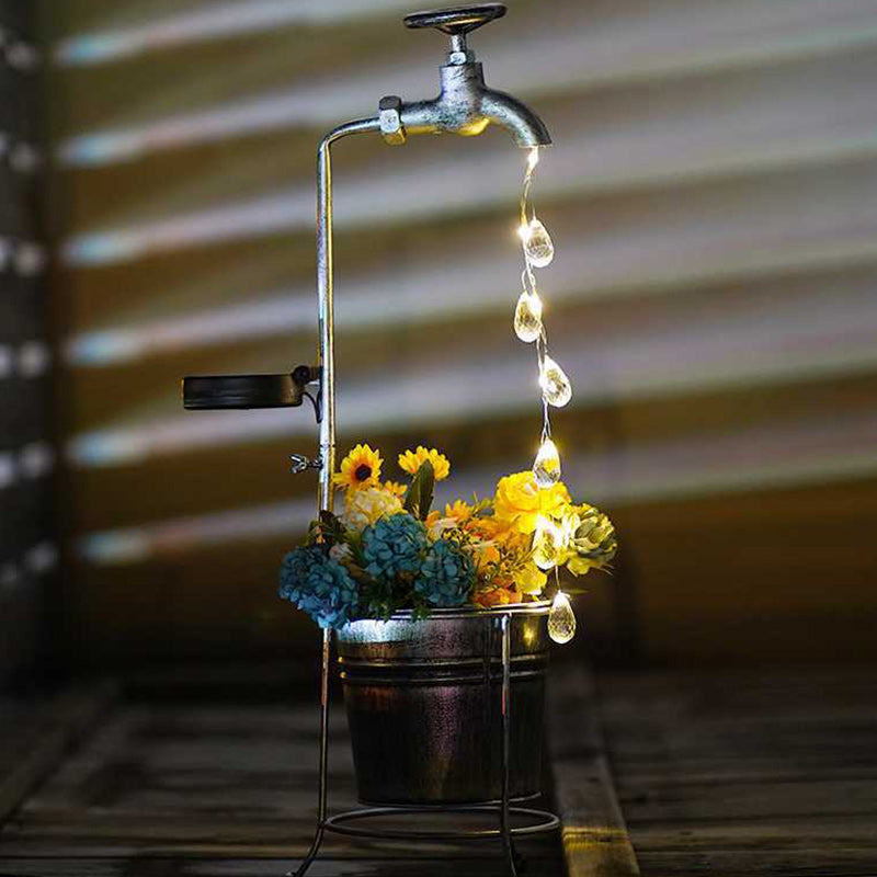 Modern Art Deco Solar Faucet Water Drops Flowing Water Planter Shape Iron LED Outdoor Light For Garden | Bowlift