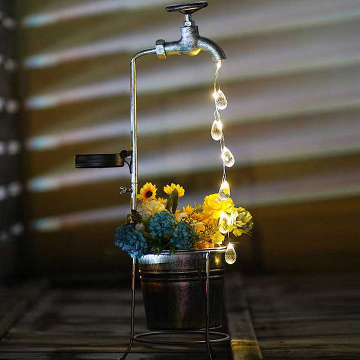 Modern Art Deco Solar Faucet Water Drops Flowing Water Planter Shape Iron LED Outdoor Light For Garden | Bowlift