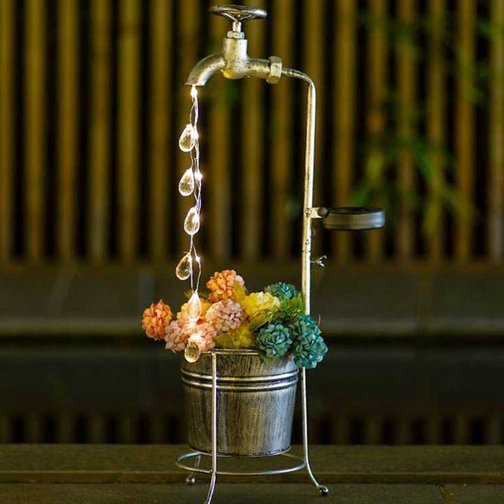 Modern Art Deco Solar Faucet Water Drops Flowing Water Planter Shape Iron LED Outdoor Light For Garden | Bowlift