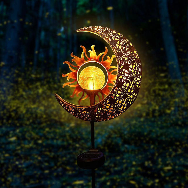Modern Art Deco Solar Waterproof Ground Plug Star Sun Moon Iron Glass LED Outdoor Light For Garden | Bowlift