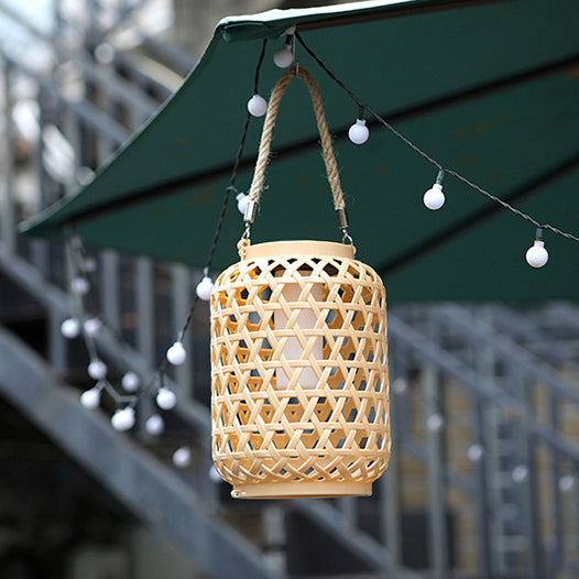 Modern Art Deco Solar Waterproof Imitation Rattan Woven Lantern Cylindrical Plastic LED Outdoor Light For Garden | Bowlift