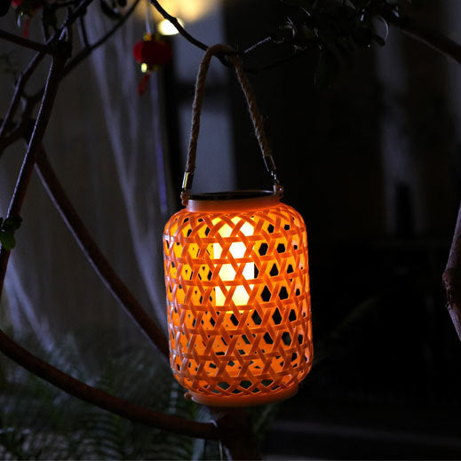 Modern Art Deco Solar Waterproof Imitation Rattan Woven Lantern Cylindrical Plastic LED Outdoor Light For Garden | Bowlift