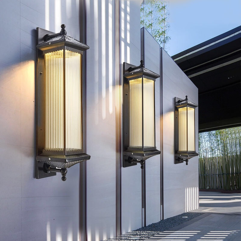 Traditional Chinese Waterproof Rectangular Glass Metal 1-Light Wall Sconce Lamp For Outdoor Patio | Bowlift