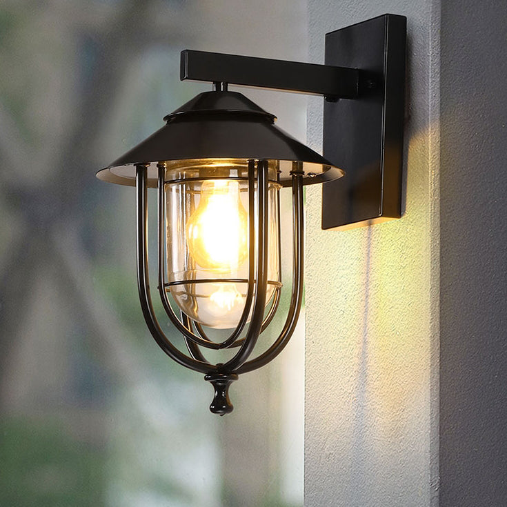 Traditional Vintage Birdcage Iron Glass 1-Light Wall Sconce Lamp For Outdoor Patio | Bowlift