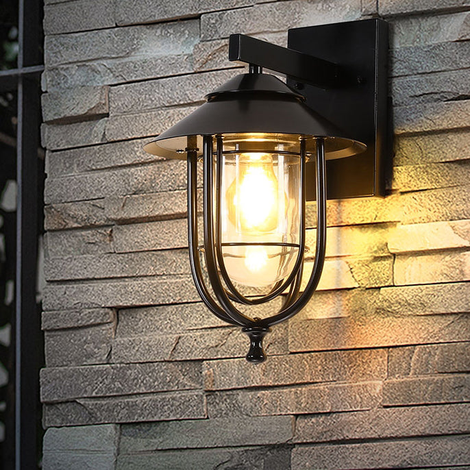 Traditional Vintage Birdcage Iron Glass 1-Light Wall Sconce Lamp For Outdoor Patio | Bowlift