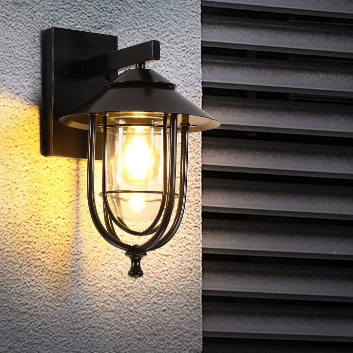 Traditional Vintage Birdcage Iron Glass 1-Light Wall Sconce Lamp For Outdoor Patio | Bowlift