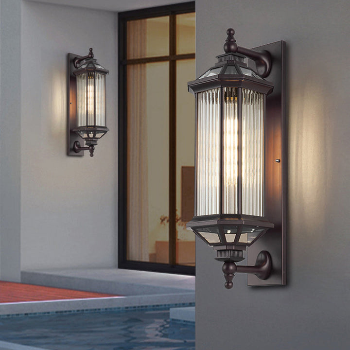 Traditional Vintage Octagonal Square Waterproof Glass Aluminum 1-Light Wall Sconce Lamp For Outdoor Patio | Bowlift
