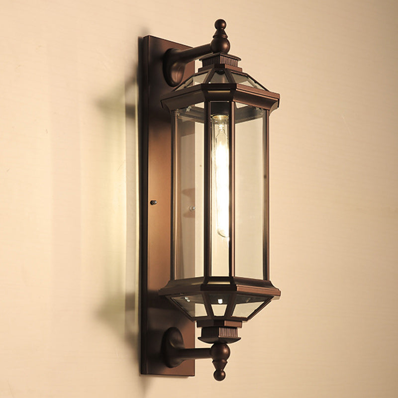 Traditional Vintage Octagonal Square Waterproof Glass Aluminum 1-Light Wall Sconce Lamp For Outdoor Patio | Bowlift
