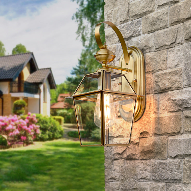 Contemporary Nordic Hexagonal Bell Waterproof Glass Brass 1-Light Wall Sconce Lamp For Outdoor Patio | Bowlift