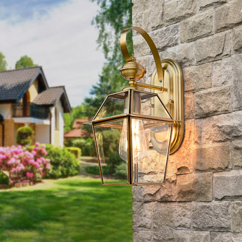 Contemporary Nordic Hexagonal Bell Waterproof Glass Brass 1-Light Wall Sconce Lamp For Outdoor Patio | Bowlift