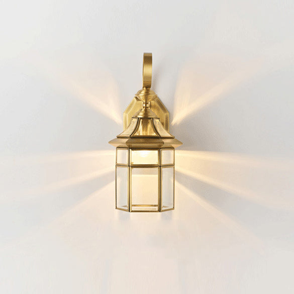 Contemporary Nordic Hexagonal Bell Waterproof Glass Brass 1-Light Wall Sconce Lamp For Outdoor Patio | Bowlift