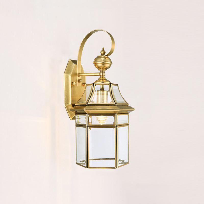 Contemporary Nordic Hexagonal Bell Waterproof Glass Brass 1-Light Wall Sconce Lamp For Outdoor Patio | Bowlift