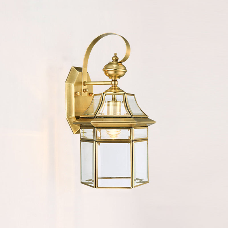 Contemporary Nordic Hexagonal Bell Waterproof Glass Brass 1-Light Wall Sconce Lamp For Outdoor Patio | Bowlift