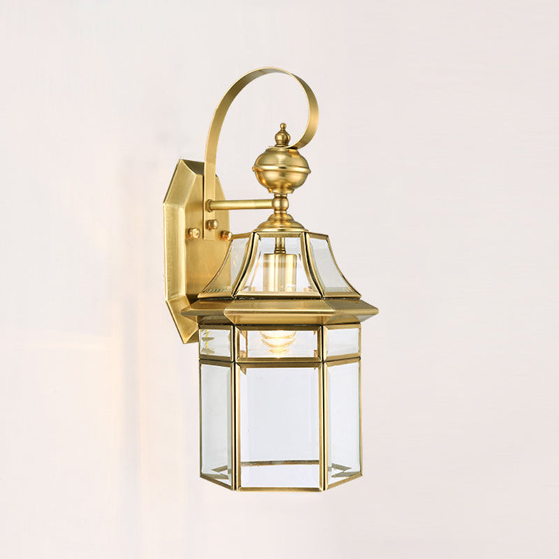 Contemporary Nordic Hexagonal Bell Waterproof Glass Brass 1-Light Wall Sconce Lamp For Outdoor Patio | Bowlift