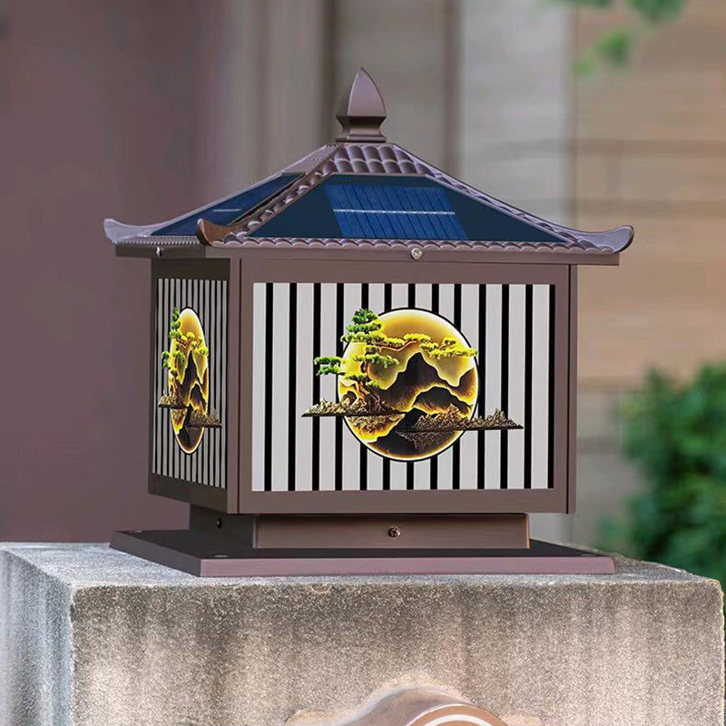 Traditional Chinese Solar Waterproof Aluminum PC Glass Pine Tree Square Cylinder LED Landscape Lighting Outdoor Light For Outdoor Patio | Bowlift
