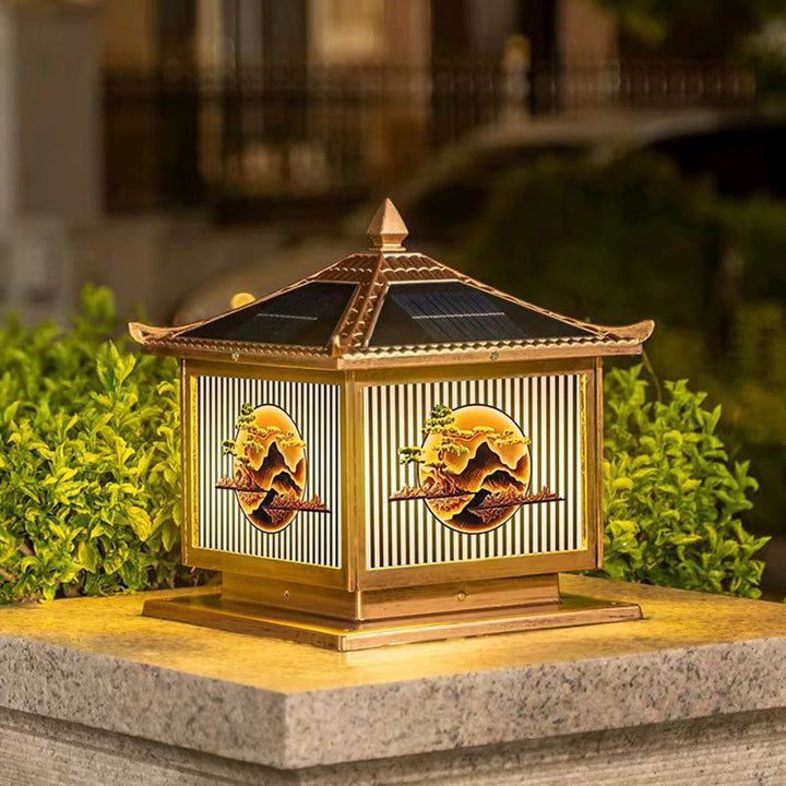 Traditional Chinese Solar Waterproof Aluminum PC Glass Pine Tree Square Cylinder LED Landscape Lighting Outdoor Light For Outdoor Patio | Bowlift