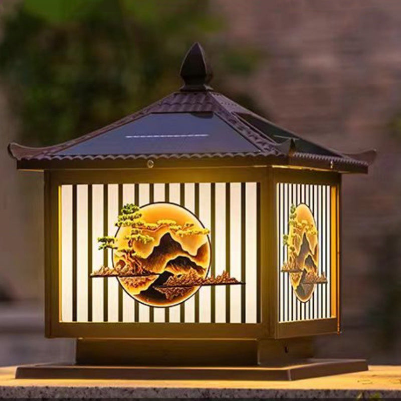 Traditional Chinese Solar Waterproof Aluminum PC Glass Pine Tree Square Cylinder LED Landscape Lighting Outdoor Light For Outdoor Patio | Bowlift