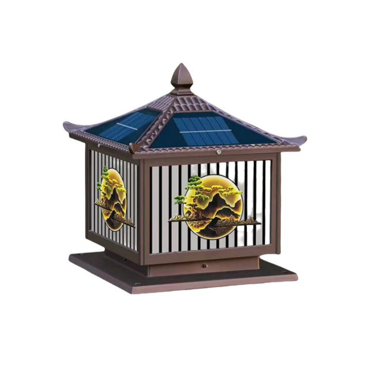 Traditional Chinese Solar Waterproof Aluminum PC Glass Pine Tree Square Cylinder LED Landscape Lighting Outdoor Light For Outdoor Patio | Bowlift