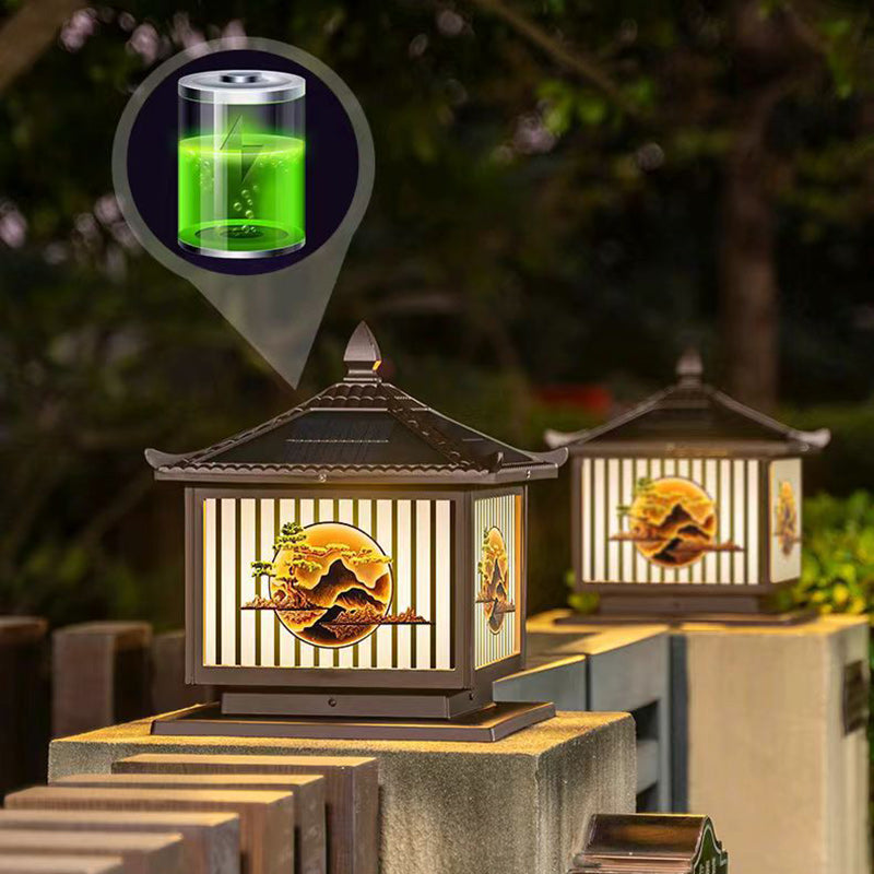 Traditional Chinese Solar Waterproof Aluminum PC Glass Pine Tree Square Cylinder LED Landscape Lighting Outdoor Light For Outdoor Patio | Bowlift