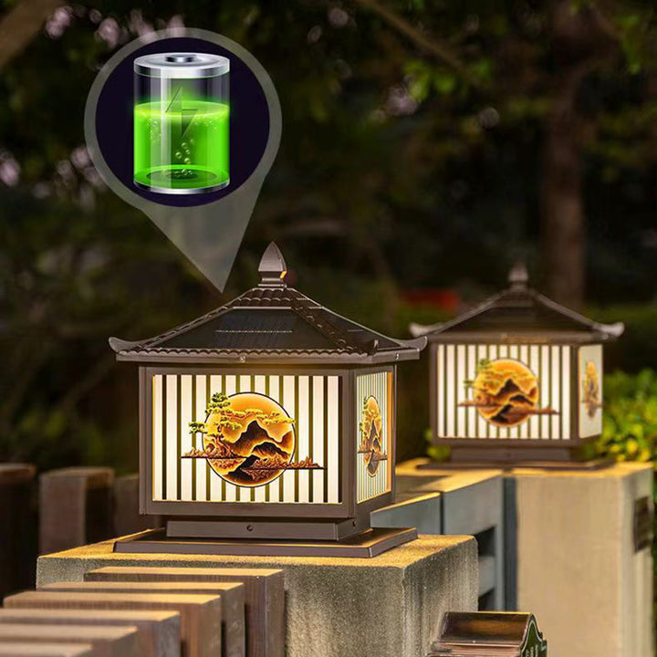 Traditional Chinese Solar Waterproof Aluminum PC Glass Pine Tree Square Cylinder LED Landscape Lighting Outdoor Light For Outdoor Patio | Bowlift