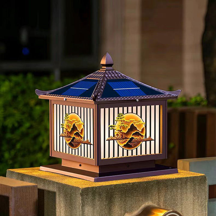 Traditional Chinese Solar Waterproof Aluminum PC Glass Pine Tree Square Cylinder LED Landscape Lighting Outdoor Light For Outdoor Patio | Bowlift