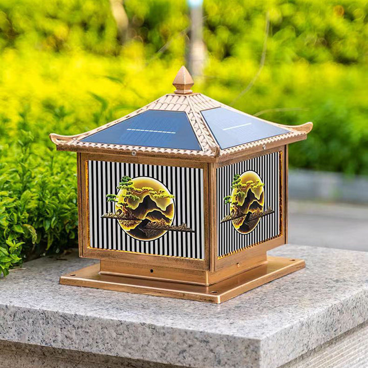 Traditional Chinese Solar Waterproof Aluminum PC Glass Pine Tree Square Cylinder LED Landscape Lighting Outdoor Light For Outdoor Patio | Bowlift
