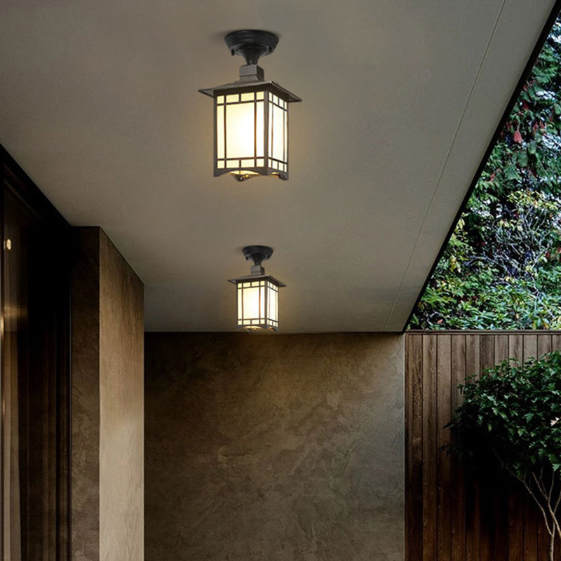 Traditional Chinese Waterproof Iron Aluminum Glass Cylinder Pergola 1-Light Semi-Flush Mount Ceiling Light Outdoor Light For Outdoor Patio | Bowlift