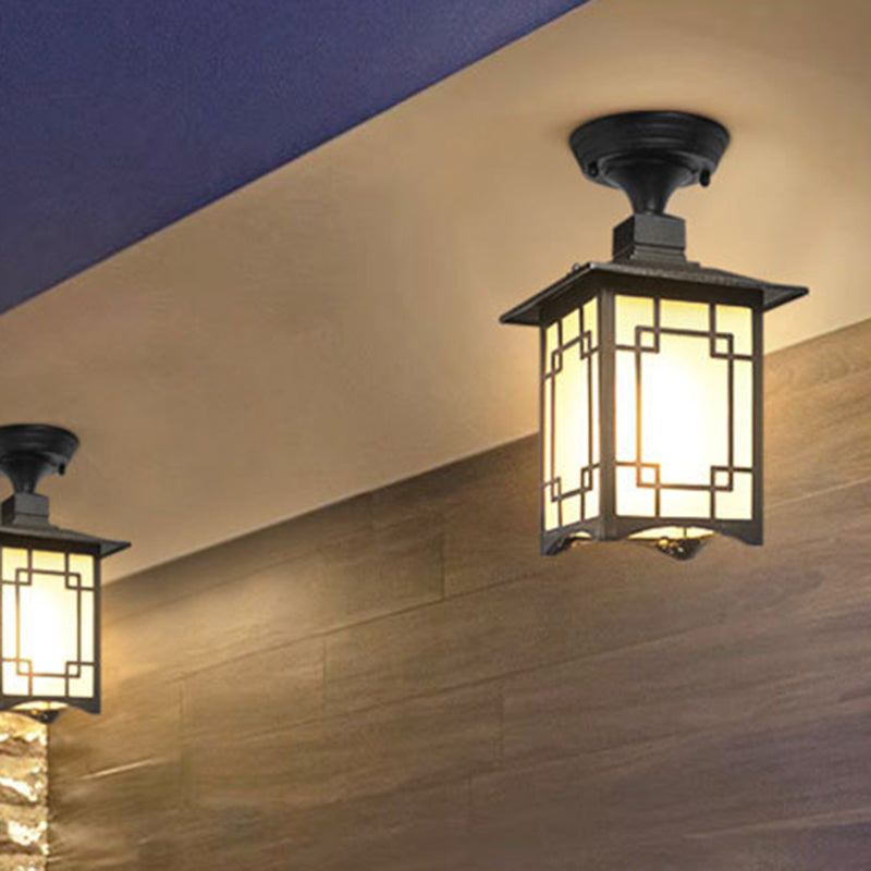 Traditional Chinese Waterproof Iron Aluminum Glass Cylinder Pergola 1-Light Semi-Flush Mount Ceiling Light Outdoor Light For Outdoor Patio | Bowlift
