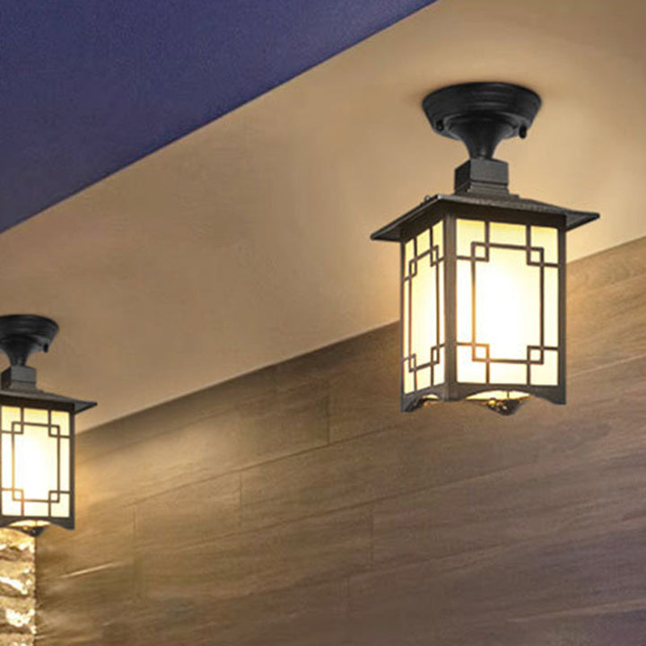 Traditional Chinese Waterproof Iron Aluminum Glass Cylinder Pergola 1-Light Semi-Flush Mount Ceiling Light Outdoor Light For Outdoor Patio | Bowlift