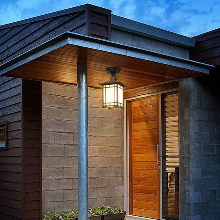 Traditional Chinese Waterproof Iron Aluminum Glass Cylinder Pergola 1-Light Semi-Flush Mount Ceiling Light Outdoor Light For Outdoor Patio | Bowlift