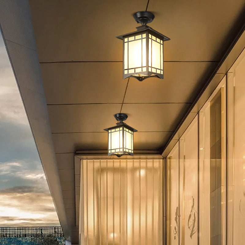 Traditional Chinese Waterproof Iron Aluminum Glass Cylinder Pergola 1-Light Semi-Flush Mount Ceiling Light Outdoor Light For Outdoor Patio | Bowlift