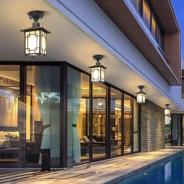 Traditional Chinese Waterproof Iron Aluminum Glass Cylinder Pergola 1-Light Semi-Flush Mount Ceiling Light Outdoor Light For Outdoor Patio | Bowlift