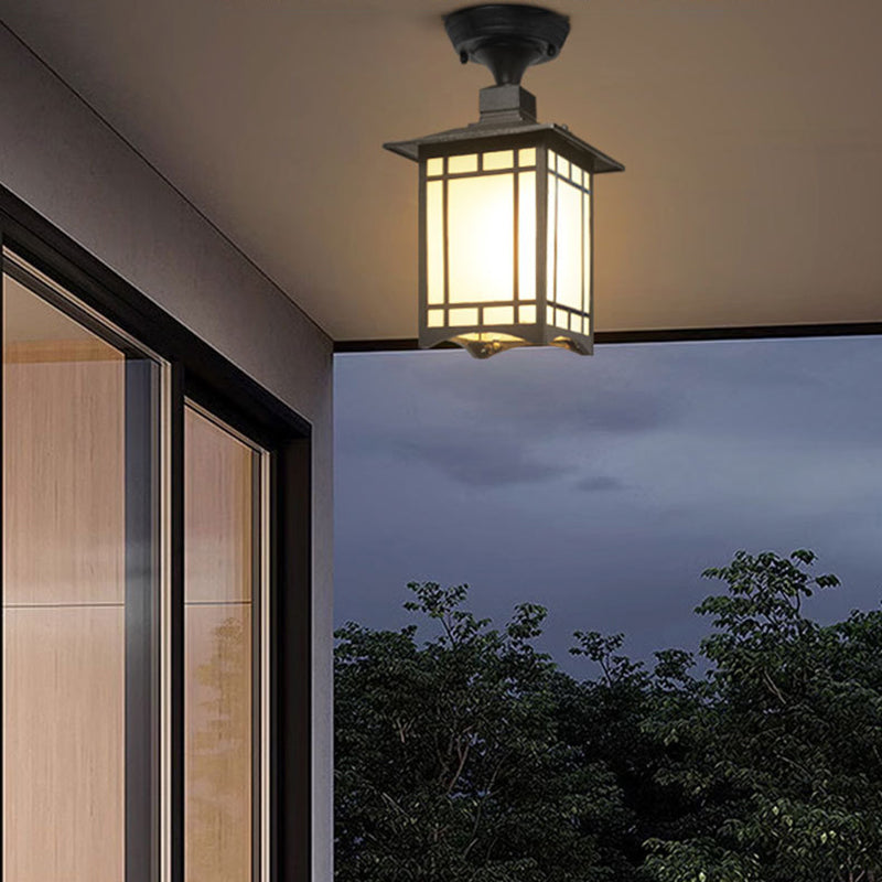 Traditional Chinese Waterproof Iron Aluminum Glass Cylinder Pergola 1-Light Semi-Flush Mount Ceiling Light Outdoor Light For Outdoor Patio | Bowlift