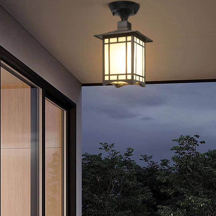 Traditional Chinese Waterproof Iron Aluminum Glass Cylinder Pergola 1-Light Semi-Flush Mount Ceiling Light Outdoor Light For Outdoor Patio | Bowlift