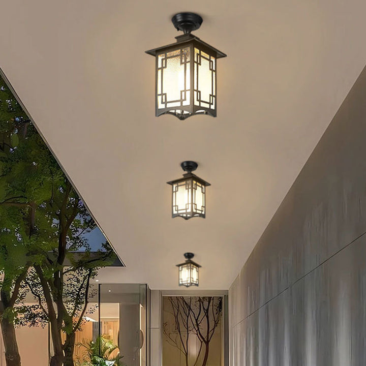 Traditional Chinese Waterproof Iron Aluminum Glass Cylinder Pergola 1-Light Semi-Flush Mount Ceiling Light Outdoor Light For Outdoor Patio | Bowlift
