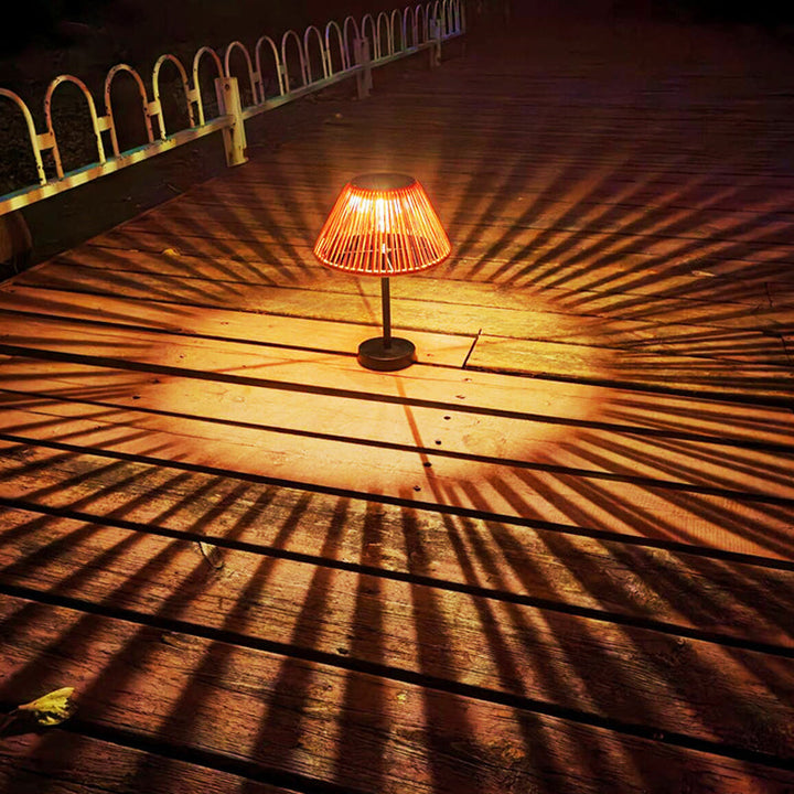 Traditional Farmhouse Waterproof Solar Rechargeable Weaving Gum Rattan Iron Conic LED Outdoor Table Lamp For Garden | Bowlift