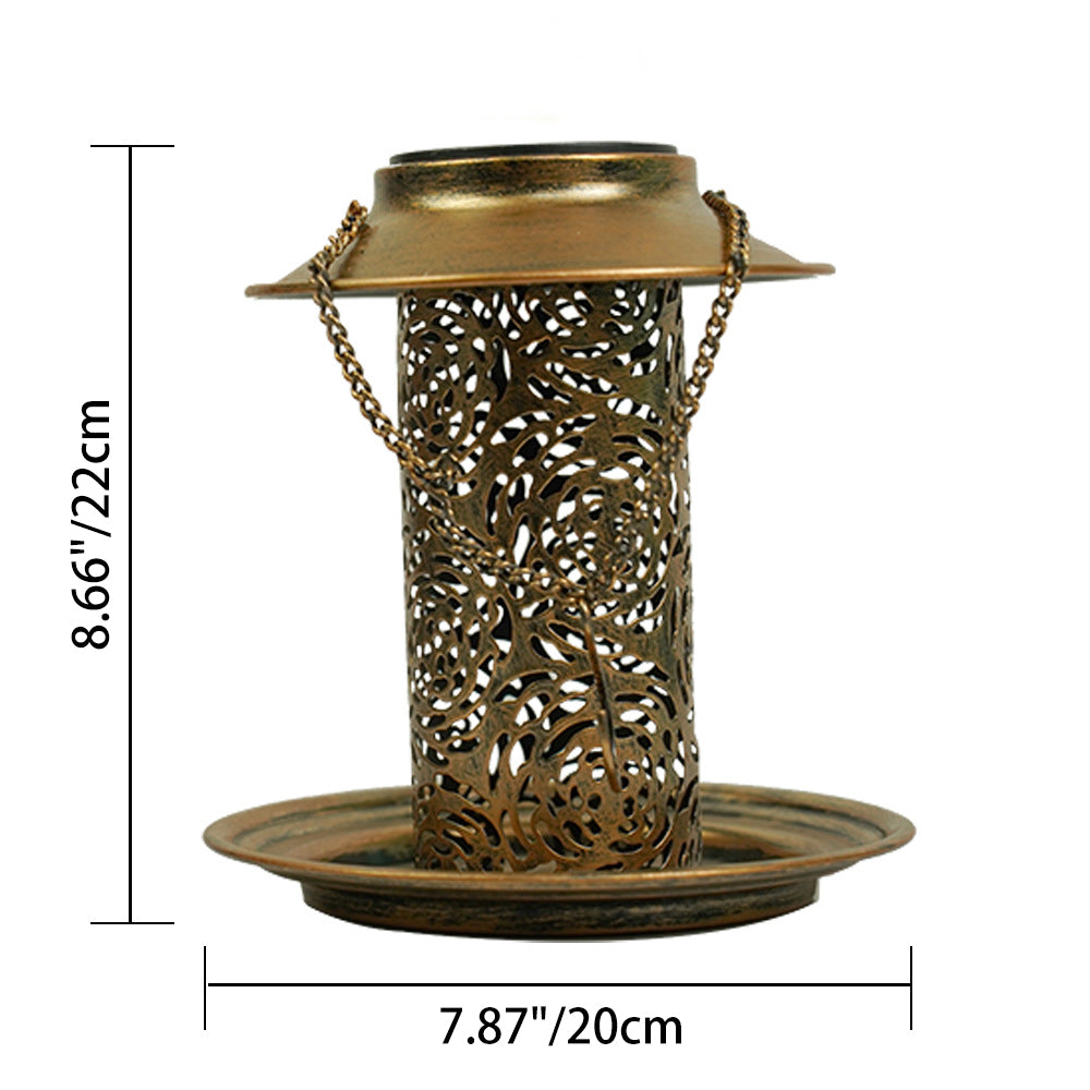 Contemporary Retro Solar Waterproof Iron Bird Feeder Hanging Hollowed Lantern LED Outdoor Light Landscape Lighting For Garden | Bowlift