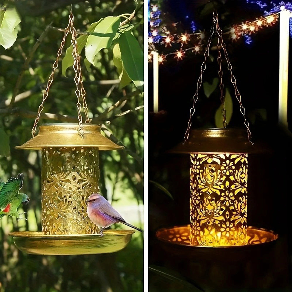 Contemporary Retro Solar Waterproof Iron Bird Feeder Hanging Hollowed Lantern LED Outdoor Light Landscape Lighting For Garden | Bowlift
