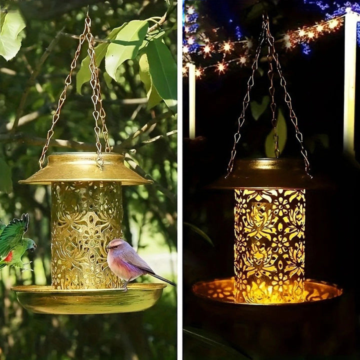 Contemporary Retro Solar Waterproof Iron Bird Feeder Hanging Hollowed Lantern LED Outdoor Light Landscape Lighting For Garden | Bowlift