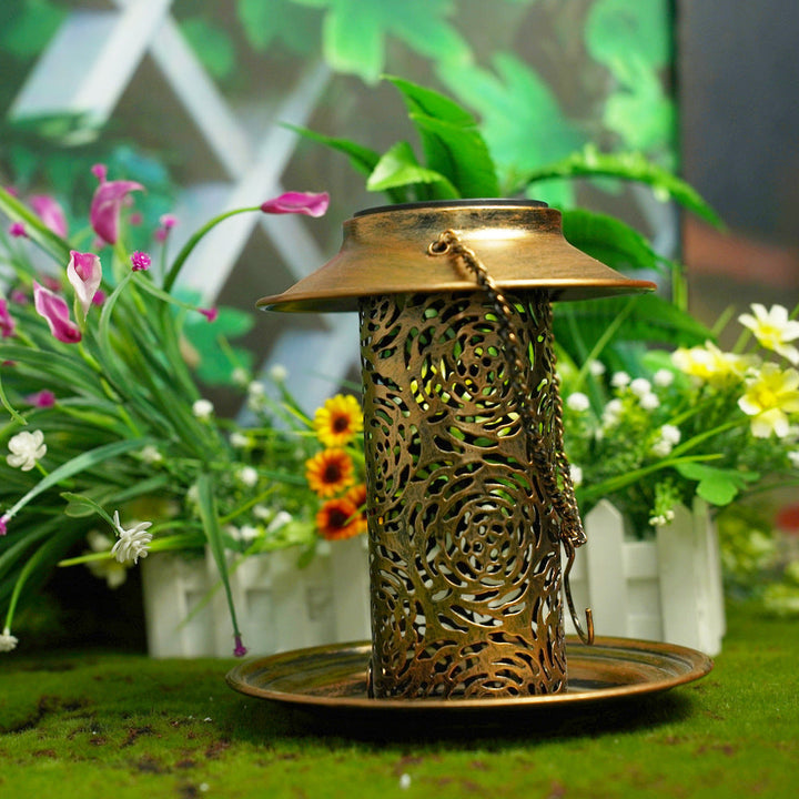 Contemporary Retro Solar Waterproof Iron Bird Feeder Hanging Hollowed Lantern LED Outdoor Light Landscape Lighting For Garden | Bowlift