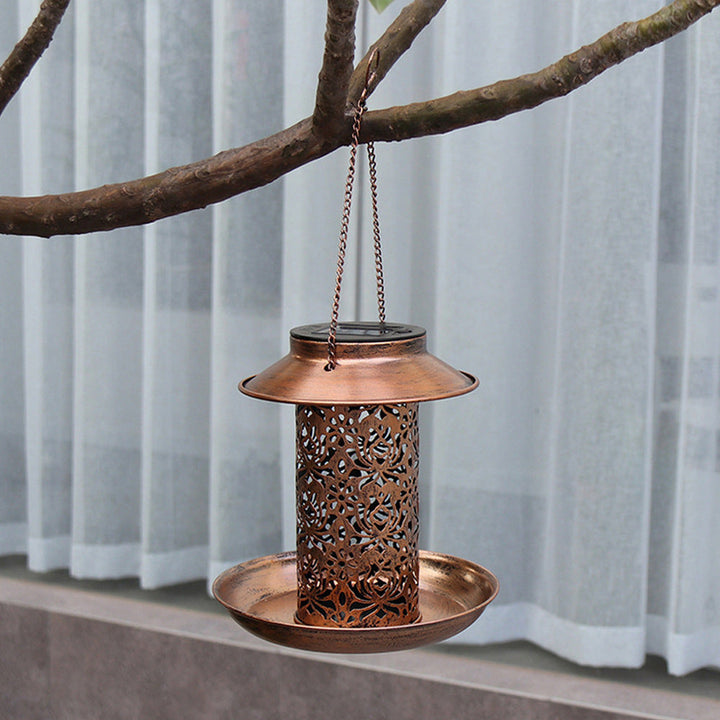 Contemporary Retro Solar Waterproof Iron Bird Feeder Hanging Hollowed Lantern LED Outdoor Light Landscape Lighting For Garden | Bowlift