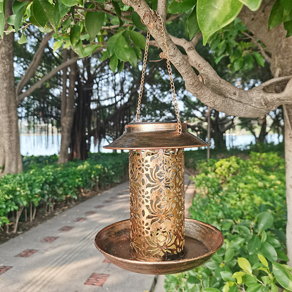 Contemporary Retro Solar Waterproof Iron Bird Feeder Hanging Hollowed Lantern LED Outdoor Light Landscape Lighting For Garden | Bowlift