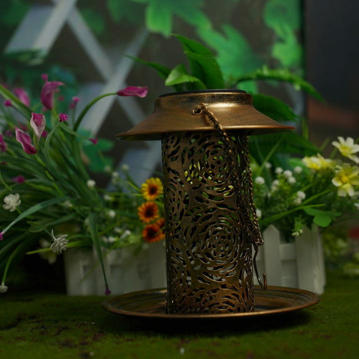 Contemporary Retro Solar Waterproof Iron Bird Feeder Hanging Hollowed Lantern LED Outdoor Light Landscape Lighting For Garden | Bowlift