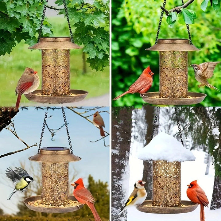 Contemporary Retro Solar Waterproof Iron Bird Feeder Hanging Hollowed Lantern LED Outdoor Light Landscape Lighting For Garden | Bowlift