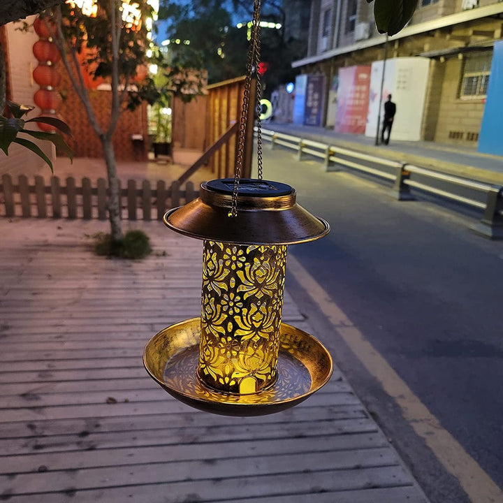 Contemporary Retro Solar Waterproof Iron Bird Feeder Hanging Hollowed Lantern LED Outdoor Light Landscape Lighting For Garden | Bowlift