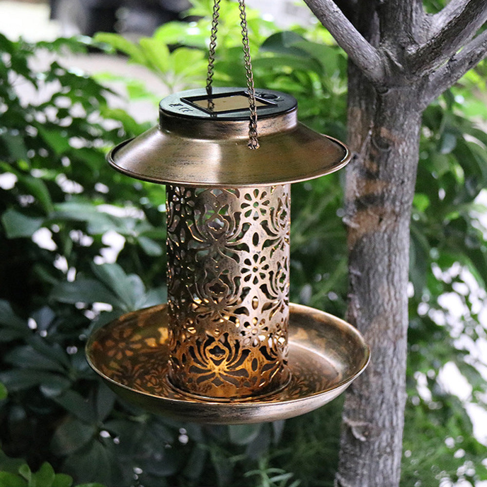 Contemporary Retro Solar Waterproof Iron Bird Feeder Hanging Hollowed Lantern LED Outdoor Light Landscape Lighting For Garden | Bowlift